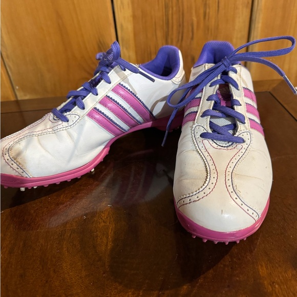 adidas Shoes - Adidas White Pink and Purple Stripe Golf Shoes